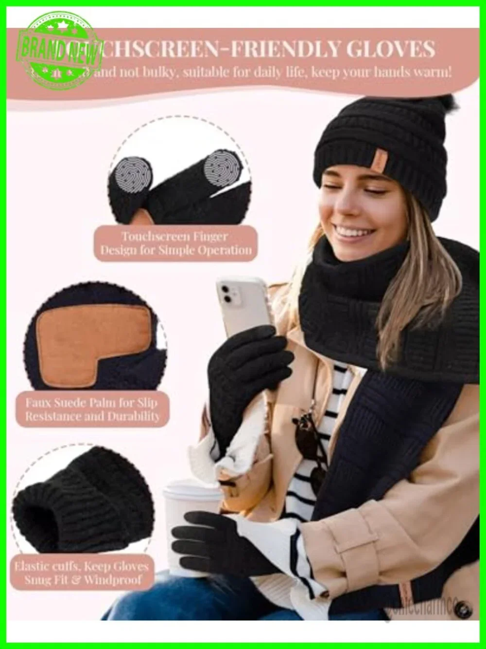 Winter Beanie Scarf Gloves Set, Warm Fleece Lined Knit Hat Touchscreen Gloves